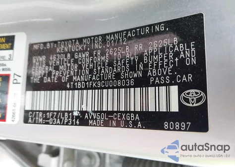 2012 Toyota Camry Hybrid Xle z USA, uszkodzony, nr VIN 4T1BD1FK9CU008036